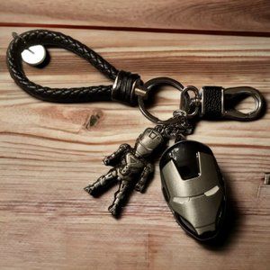 8" Metal Iron Man / Mask Keychain, Leather Braided Strap - NEW!